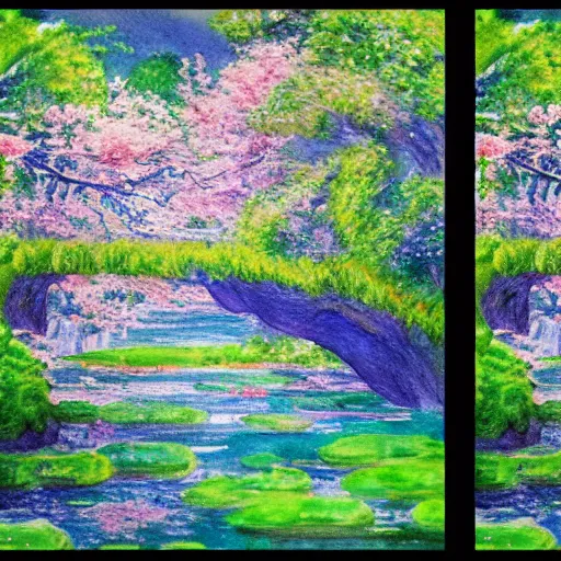 Prompt: landscape with cherry blossom trees and waterfalls, detailed luminescent high contrast watercolor painting in the style of monet, 4 k