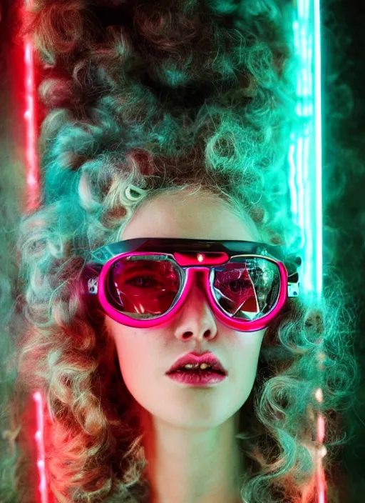 Prompt: vertical portrait of ancient jew female with space glasses, blonde, curly hair, cyberpunk, native costume, standing in the dark room, under neon, extremely fine detail background, highly detailed, detailed eyes, high quality, fashion editorial photography, hyperrealistic, from vogue magazine