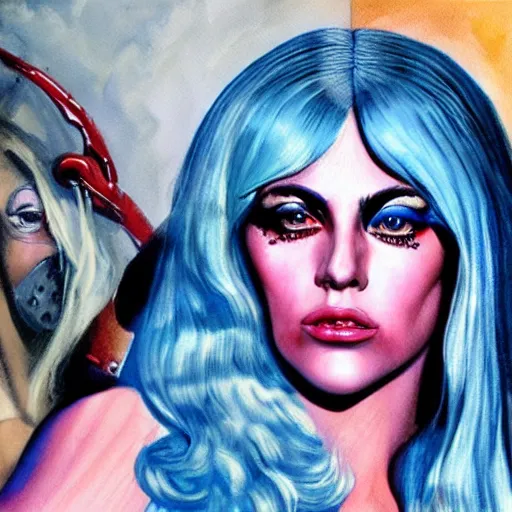 Image similar to detailed details photorealistic pictures lady gaga as harley queen in the style of bob peak and alex ross, gouache and wash paints color, detailed details facial and body and human and environments and proportionate, detailed 5 k details.