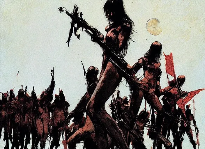 Image similar to beautiful as the moon, terrible as an army with banners. art by jeffrey catherine jones and jakub rozalski