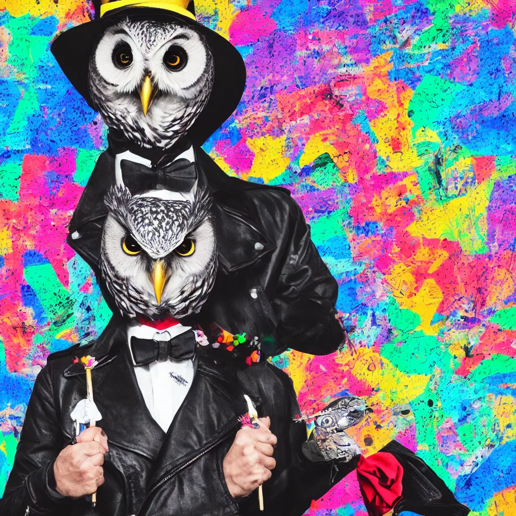 Prompt: gentleman owl with black biker jacket, portrait photo, crayon outline, wall with colorful graffiti, studio photo, suit, bow tie, tophat, tophat, lens flare, 2. 8 f