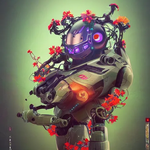 Prompt: colourful vfx art - portrait of army mecha robot wrapped in flowers & vines, art by hsiao - ron cheng & james jean, volumetric light, ray tracing, sharp, detailed, digital painting, illustration, highly detailed, intricate detail, unreal engine, octane render, pinterest, behance, art station,