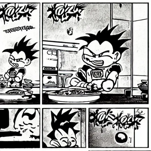 Prompt: evil anthropomorphic cookie cooking a bunch of cookies, in the kitchen, in dragon ball manga by akira toriyama, black ink