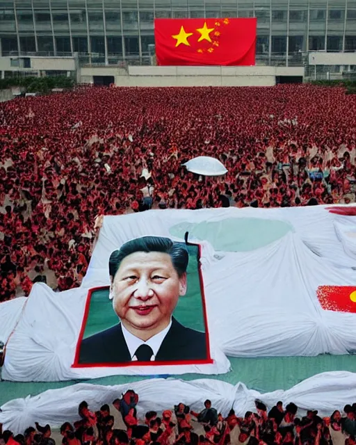 Image similar to tangping lying flat protest movement in china in front of a giant portrait of xi jinping