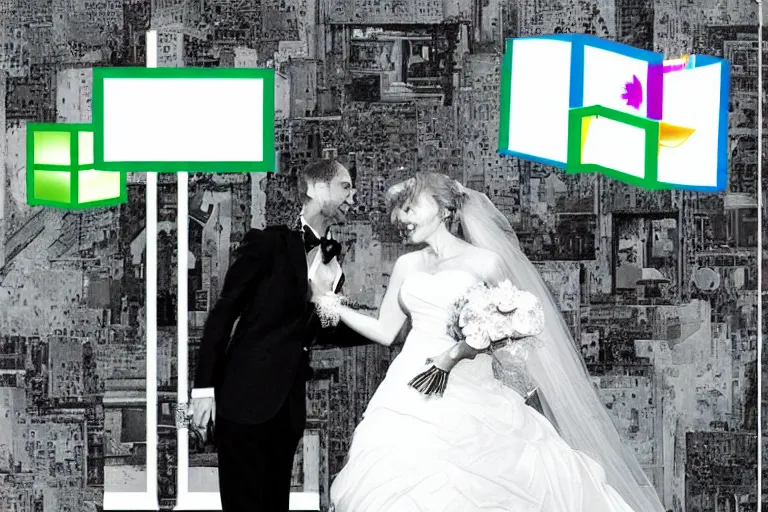 Prompt: microsoft windows 9 5 wedding, vaporwave