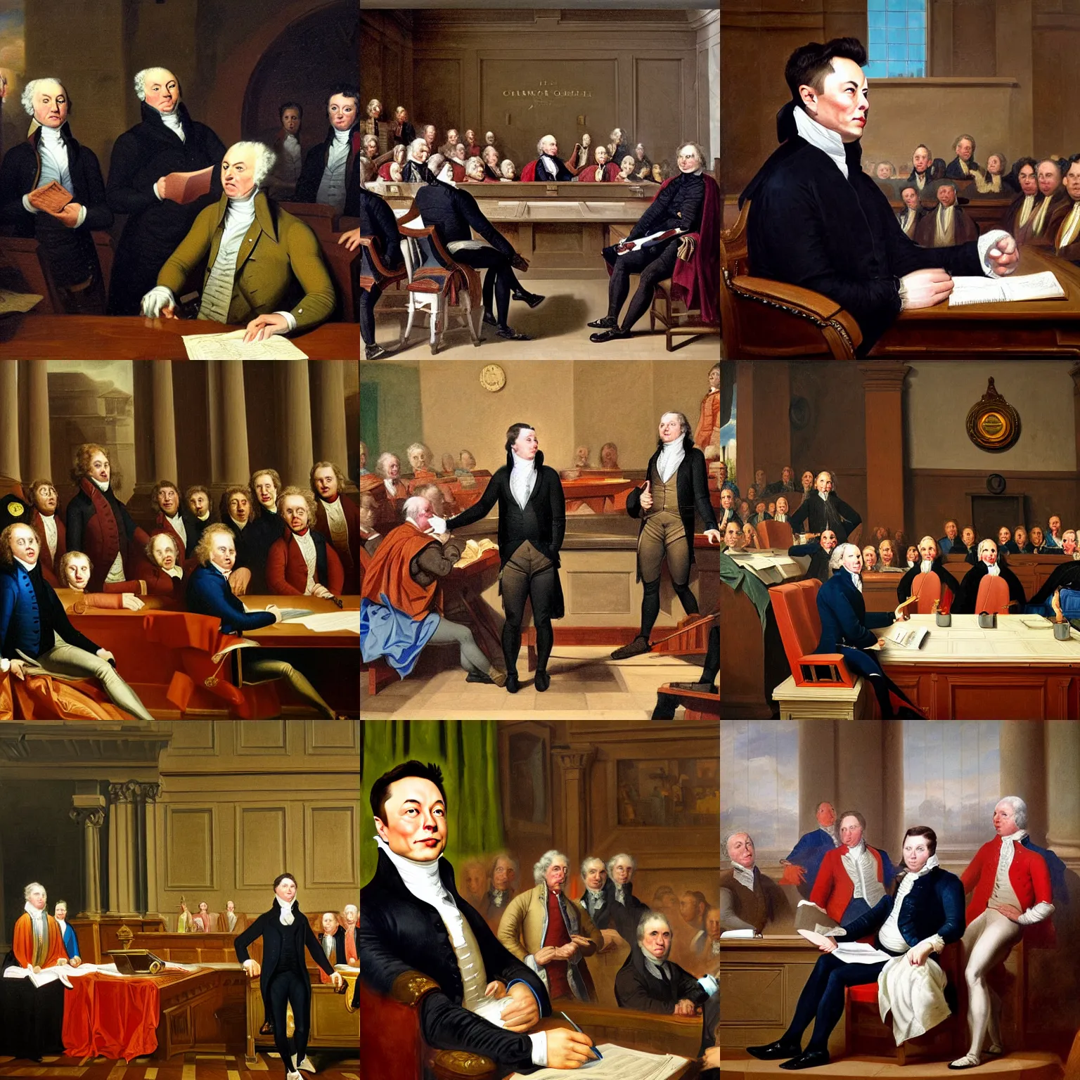 Prompt: oil painting of elon musk on trial in the court of chancery by benjamin ferrers, 1 7 9 5, highly detailed