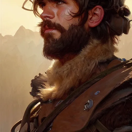 Image similar to portrait of a young rugged ranger with exposed muscular thighs, handsome, hairy torso, D&D, fantasy, intricate, elegant, highly detailed, digital painting, artstation, concept art, matte, sharp focus, illustration, art by Artgerm and Greg Rutkowski and Alphonse Mucha