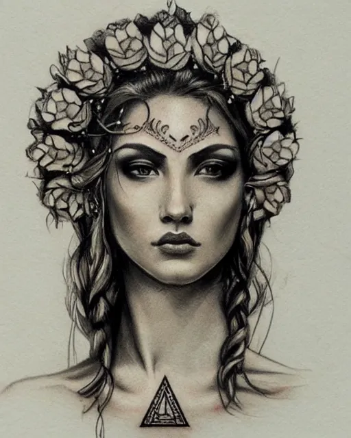 Image similar to realism tattoo sketch of a beautiful greek goddess aphrodite with piercing eyes wearing a laurel wreath and triangle earrings, in the style of greg rutkowski, amazing detail