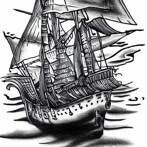 Image similar to a pirate ship sailing in the sea realism tattoo design on white background, by Matteo Pasqualin tattoo artist