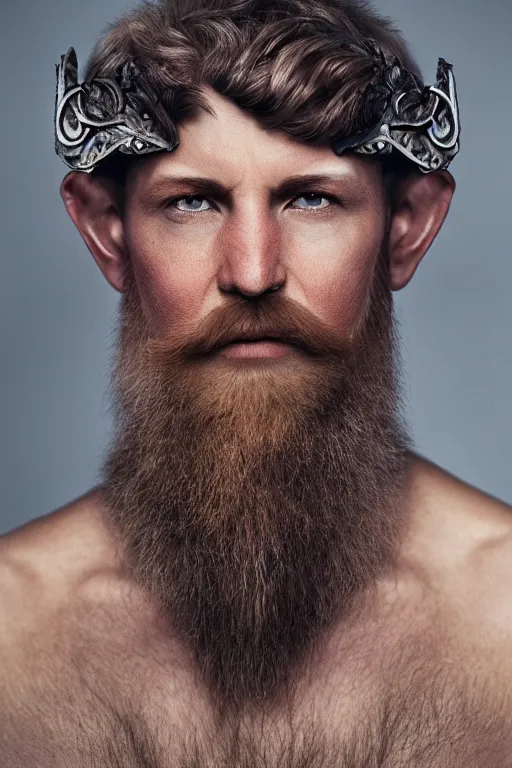 Image similar to 8K Photography from a Male muscled short haired Elven King, designer beard, by Jimmy Nelson