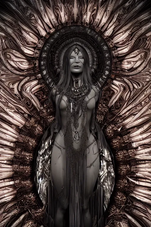 Prompt: a realistic dark photo of a beautiful ancient alien woman goddess kate moss nataraja standing in iris van herpen dress jewelery and fractals in style of alphonse mucha art nuvo dmt trending on artstation made in unreal engine 4