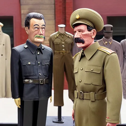 Prompt: mannequins of bryan cranston and stalin, bryan cranston is holding up a ziplock with meth, stalin is surprised