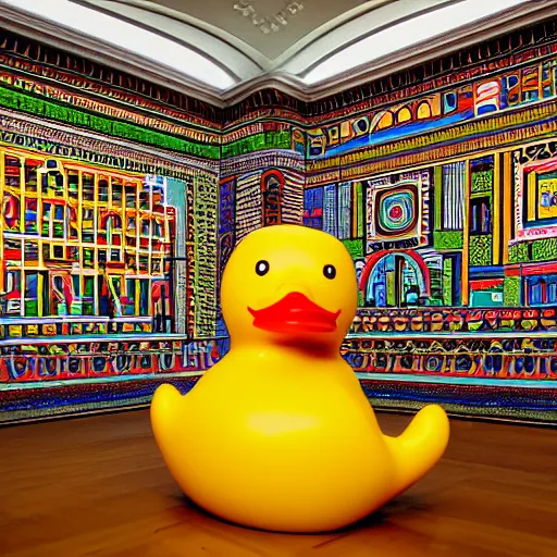 Prompt: wide shot, one photorealistic rubber duck in foreground on a pedestal in an museum gallery, british museum, the walls are covered with colorful geometric wall paintings in the style of sol lewitt, tall arched stone doorways, through the doorways are more wall paintings in the style of sol lewitt.