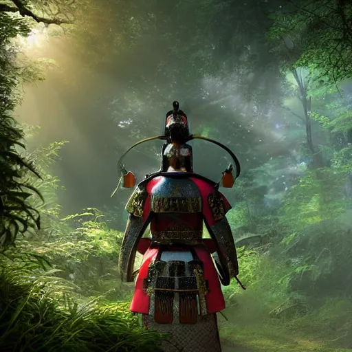 Image similar to a mirrored portrait of a legendary samurai in a mystical overgrown haunted ancient crypt with a gateway to hell in a beautiful forest rays of light 4k digital art unreal engine trending on artstation