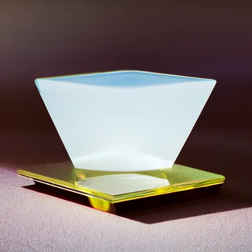 Image similar to an ultra high definition professional studio quality photograph of a transparent perspex pastel coloured wobbly shaped ashtray on a white plinth in an empty white room. dramatic lighting, ray tracing, refraction, shallow d. o. f, colour corrected, golden ratio, three point light.