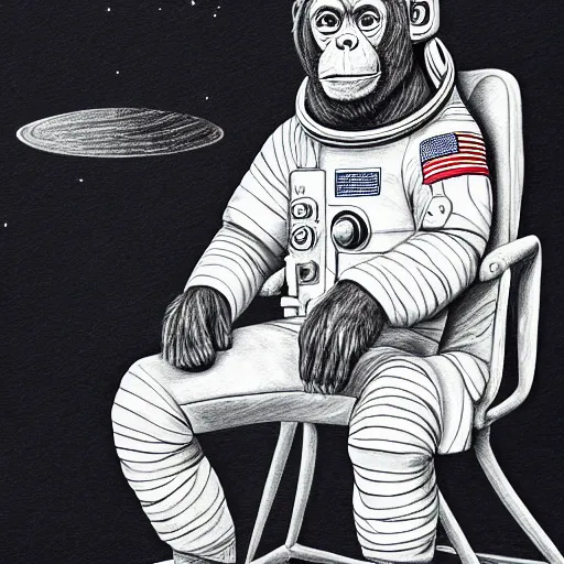 Image similar to pencil art, realistic self portrait, astronaut with a chimpanzee posing on a chair.