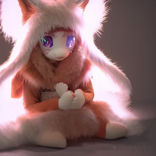 Prompt: cute fumo plush of the fox maiden of the animal shrine, monster girl priestess of the forest, fur simulation, lens flare studio light, vray