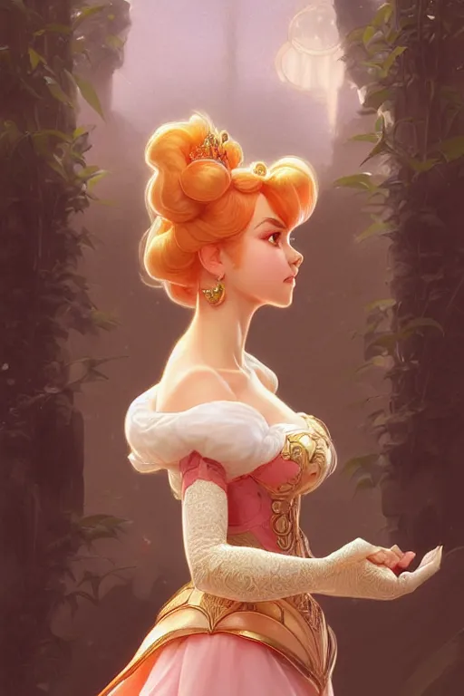 Image similar to Princess Peach, fantasy, intricate, elegant, highly detailed, digital painting, artstation, concept art, matte, sharp focus, illustration, art by Artgerm and Greg Rutkowski and Alphonse Mucha