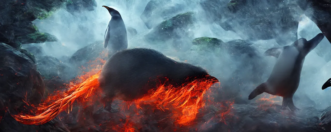 Image similar to a giant penguin breathing fire into a rainforest, large scale, breathtaking, mixed media, digital art, trending on artstation, 8k, epic composition, highly detailed, AAA graphics