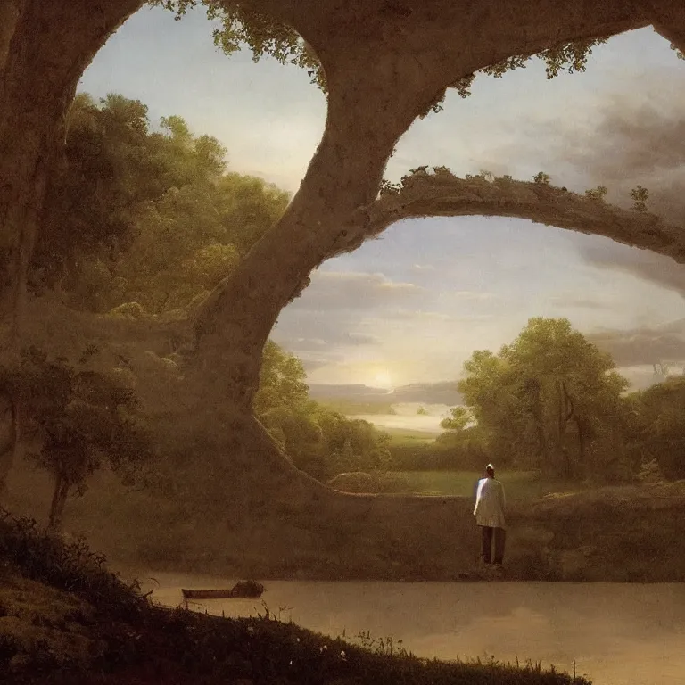 Prompt: romantic painting, wide shot of a lone figure in fancy dress watching an enormous television screen playing a football game, highly detailed, sublime, hyperrealistic, painted by caspar david friedrich and albert bierstadt, trending on artstation 8 k