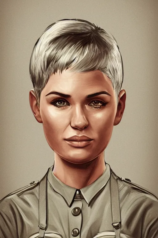 Prompt: portrait of a military engineer woman with short white hair, wearing overalls, medium shot, portrait, concept art, vector line art, natural lighting, somber, solemn, serious, illustration, highly detailed, artstation,