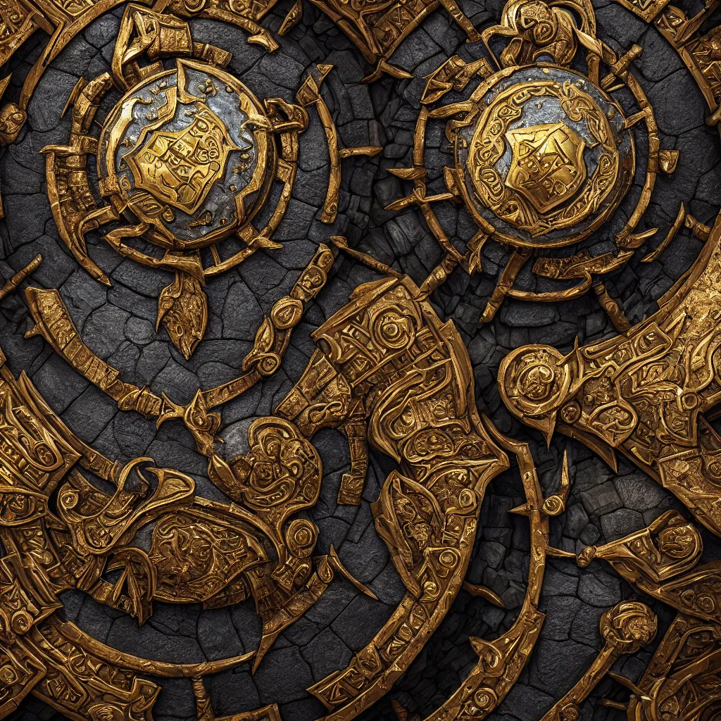 Image similar to ornate and detailed round battle shield made of lava rock, focused shot, gold and obsidian colors, dungeons and dragons themed, 4 k octane digital render, unreal engine 5, styled by greg rutkowski and android jones, extreme levels of detail