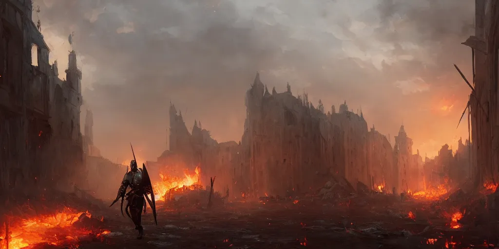 Image similar to a painting of a cinematic keyframe of a medieval knight warrior with his sword walking into a destroyed medieval town, with fire by greg rutkowski, dark fantasy art, high detail, trending on artstation