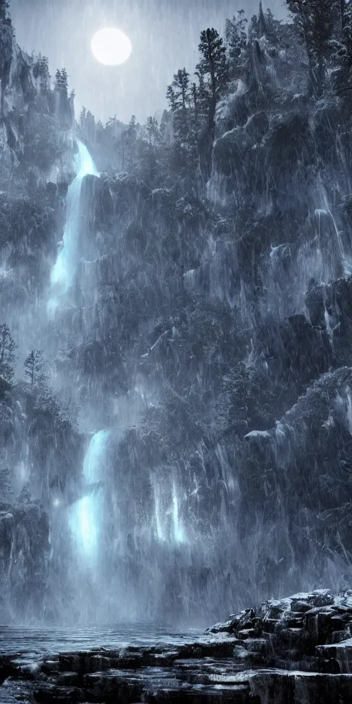 Prompt: photorealistic full shot of waterfall at moonlight, apocalyptic background, snowing, lightning bolt, high detail, unreal engine 4k volumetric light, fog,