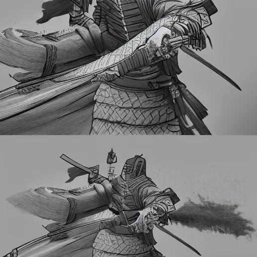 Image similar to 'a sketch to a samurai in ink manga panel ,octane render, artstation , highly detailded'