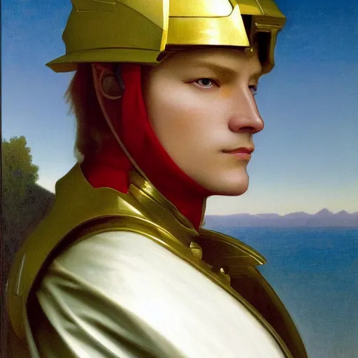 Image similar to Painting of Char Aznable. Art by william adolphe bouguereau. During golden hour. Extremely detailed. Beautiful. 4K. Award winning.