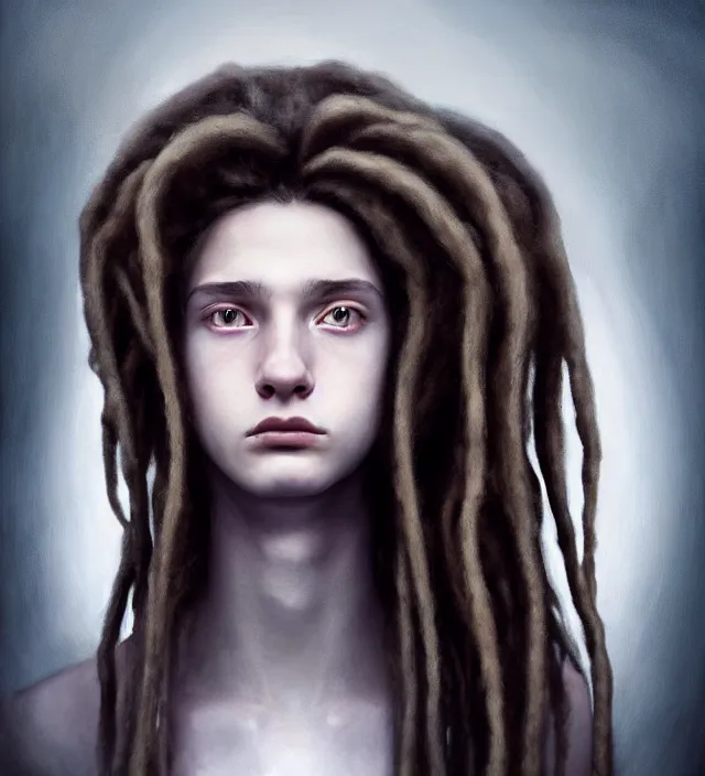 Image similar to portrait of shy teenage fantasy witch, grzegorz rutkowski, symmetry, deep dark forest, dramatic lighting, moody, directional lighting, awkward, intelligent, contemplative, gorgeous dreadlocks in hair, volumetric lighting, symmetrical face, pale girl, nervous, art by alasdair gray, brown hair, hazel eyes, trending on artstation