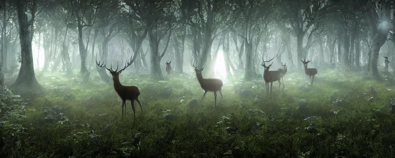 Prompt: deer in an ethereal forest made from glowing circuits and electronics, highly detailed concept art, 3 d, volumetric lighting