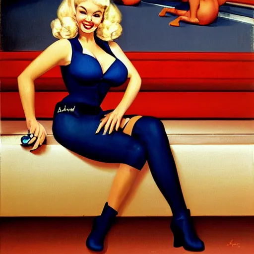 Prompt: jayne mansfield in a bowling alley, jayne mansfield holding a bowling ball in a provocative pose, by mort kunstler and gil elvgren