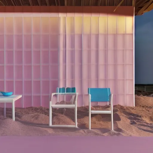 Prompt: An ultra high definition, professional photograph of an outdoor partial IKEA showroom inspired sculpture located on a pastel pink beach ((with pastel pink, dimpled sand where every item is pastel pink. The sun can be seen rising through a window in the showroom.)) The showroom unit is outdoors and the floor is made of dimpled sand. Morning time indirect lighting with on location production lighting on the showroom. In the style of wallpaper magazine, Wes Anderson.