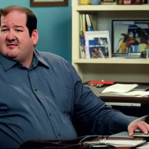 Prompt: Kevin Malone sitting at his desk | there is a radio and computer on the desk