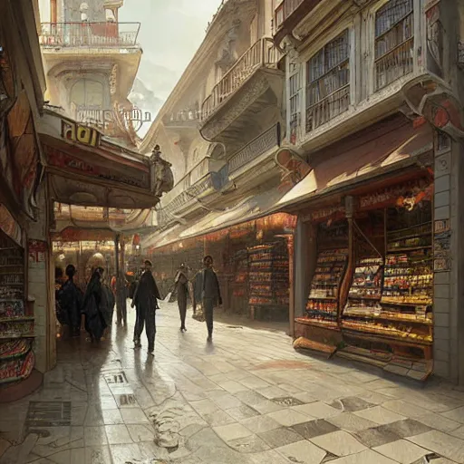 Prompt: A fantasycore of a convenience store of 2022 portugal lisbon on the street of a very highly detailed logital matte painting art by Greg Rutkowski, highly logical and striking detailed architecture by alphonse mucha