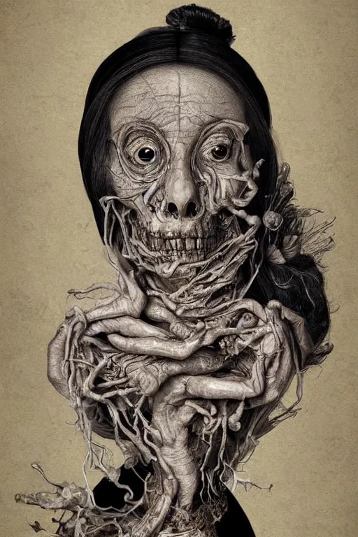 Image similar to Detailed maximalist portrait of a beautiful old woman with large lips and eyes, scared expression, botanical skeletal with extra flesh, HD mixed media, 3D collage, highly detailed and intricate, surreal illustration in the style of Caravaggio, dark art, baroque, centred in image