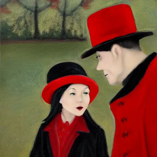 Image similar to A thin man in a black coat and bowler hat talks with small girl who is dressed in a red coat and a red hat, park, autumn, oil painting style, wide angle, high detail, width 768