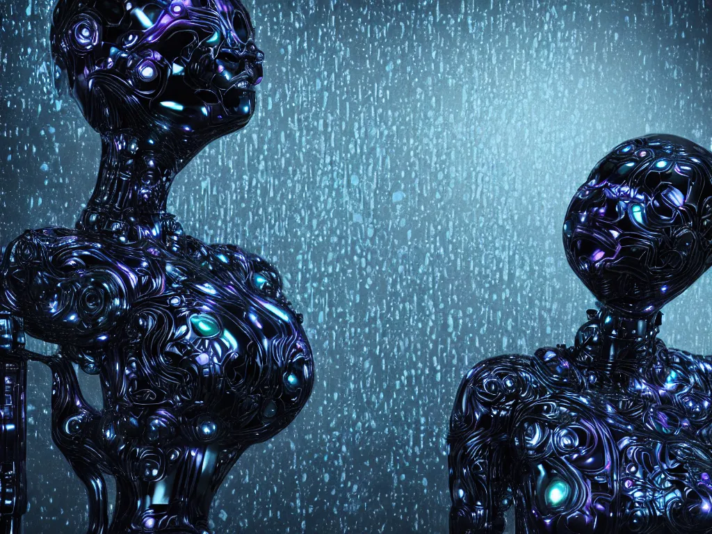 Image similar to beautiful robot by alex grey, vines dripping black iridescent liquid, water in background, moody, dramatic, introspective, 8 k, octane render, photorealistic, hyper detailed, perfect lighting