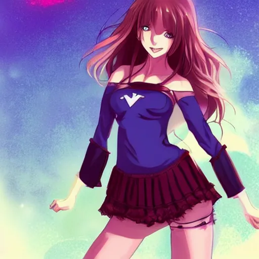 Image similar to very very very beautiful woman in her 20s anime dream girl wearing a superhero miniskirt, exposed midriff, full body portrait, smiling, flirty, eye contact, perfect body, perfect face, drawn by artgerm