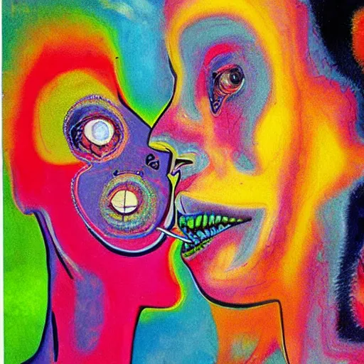 Prompt: beautiful painting of two bizarre psychedelic women kissing each other closeup in an aquarium in japan, speculative evolution, mixed media collage by basquiat and alex grey, magazine collage art, sapphic art, lesbian art