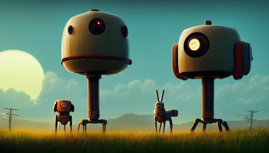 Image similar to tall cute robot with his best dog friend, by Simon Stalenhag, unreal engine, octane render, 8k, rule of thirds