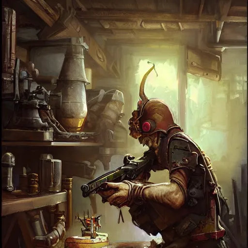 Image similar to goblin artificer tinkerer working on a makeshift rifle on a dusty workbench, cover of a Dungeons and Dragons book, art by Raymond Swanland