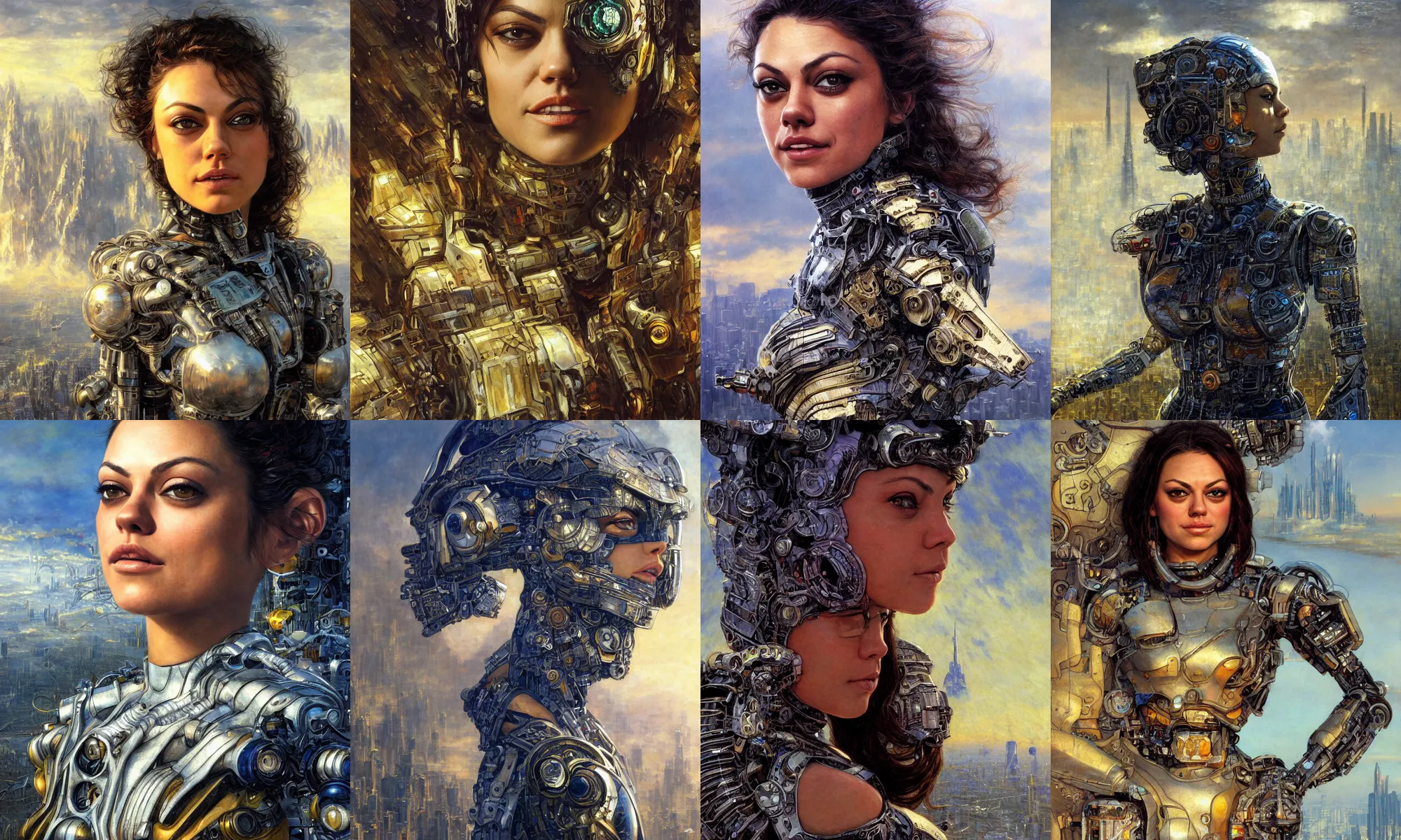 Image similar to close - up portrait of epic young mila kunis smiling into camera, intricate cyborg armor, vista of futuristic city, windy, golden hour, wlop, by gerald brom, by mikhail vrubel, by peter elson, muted colors, extreme detail, trending on artstation