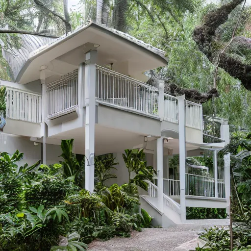 Prompt: 2000sf two level house, wrap around balconies and porches, gray white light blue exterior, large stones in front yard, in a tropical rainforest, photorealistic,8k, XF IQ4, 150MP, 50mm, F1.4, ISO 200, 1/160s, natural light