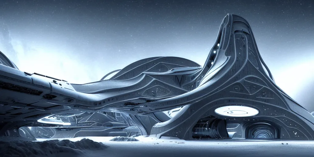 Image similar to futuristic space station in the snowy mountains 3 d concept art, cinematic lighting, intricate details, building by zaha hadid, pastel sunset, emissary space by arthur haas and bruce pennington and john schoenherr, cinematic matte painting, dark moody monochrome colors, trending on artstation, featured on behance