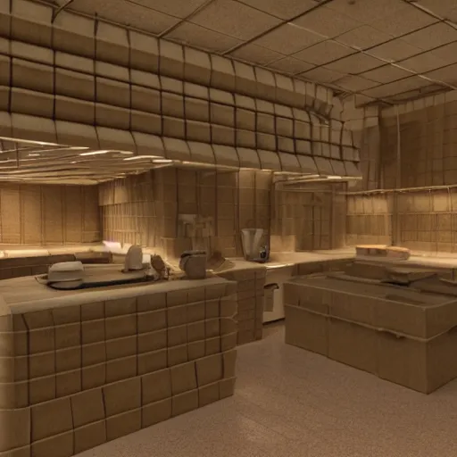Prompt: a 3d render of a kitchen covered in brown paper bags, in style of hr giger, artstation, unreal engine