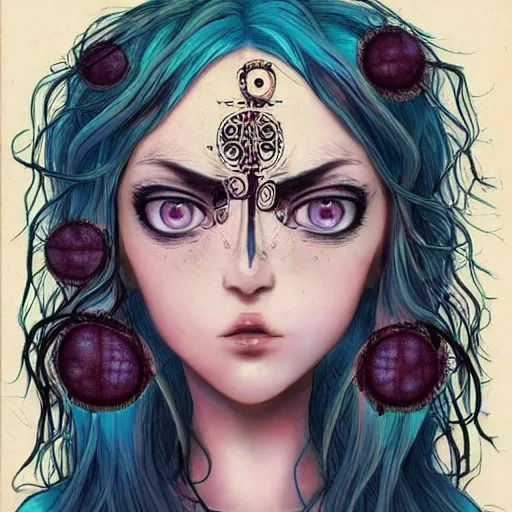 Image similar to !5 three eyed goddesses, third eyes middle of foreheads, very wide wide shot, very hairy bodies, beautiful colors, eyes in forehead, beautiful lighting, detailed photographs, very detailed