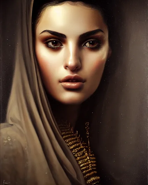 Prompt: a highly realistic, true to life portrait of a beautiful young middle eastern girl, sharp focus, from the waist up, under studio lighting, taken with a canon eos camera with 1 3 5 mm focal length, by karol bak, james jean, tom bagshaw, trending on artstation,