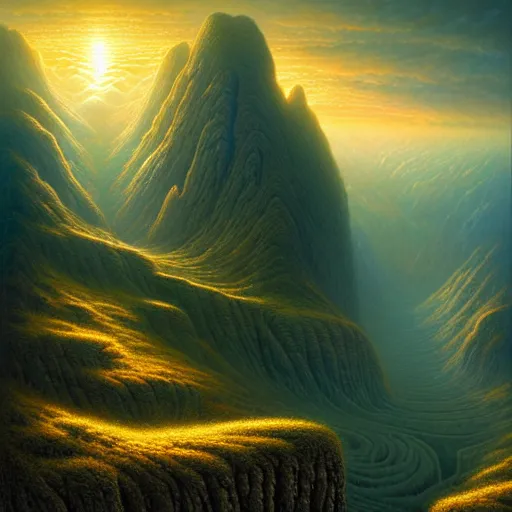 Image similar to of an impossible landscape with a infinite multi dimension portal, a beautiful ultradetailed matte painting a lush mountain range at dusk by tomasz alen kopera and Justin Gerard and Dan Mumford, tarot card, dazzling energy, ultra wide angle shot, high angle shot, intricate, fractal magic, rays of god, hyperdetailed, micro details, volumetric lighting, 8k, ray tracing, polarized lens